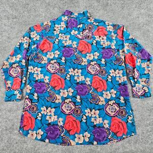 Vintage Partners Blouse Womens Size Large Floral Rose Blue 17" Sleeve